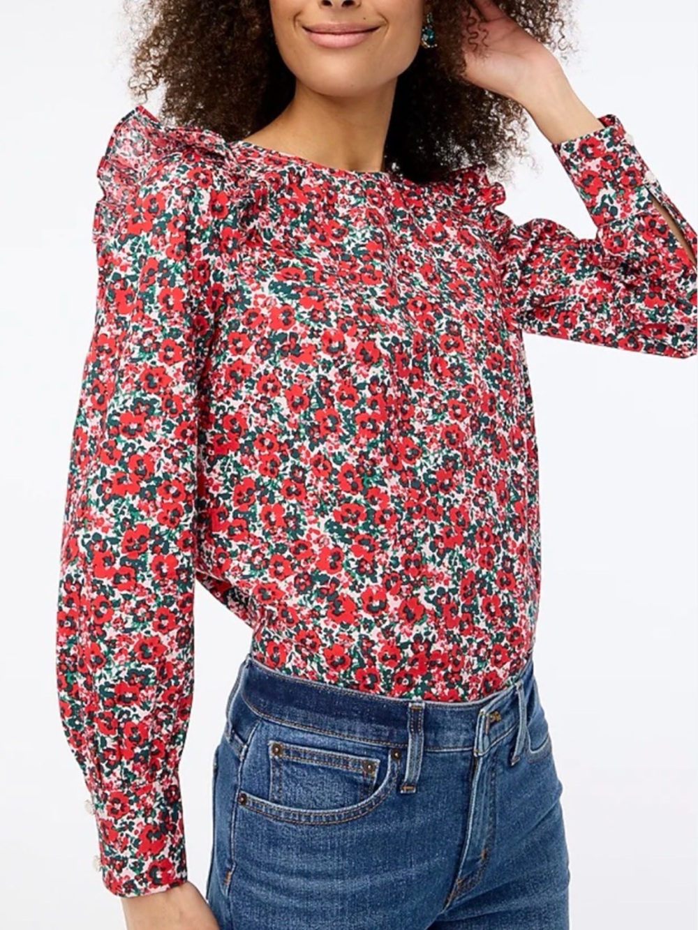 J. Crew Floral Long-Sleeve Ruffle Shoulder Top in Red
